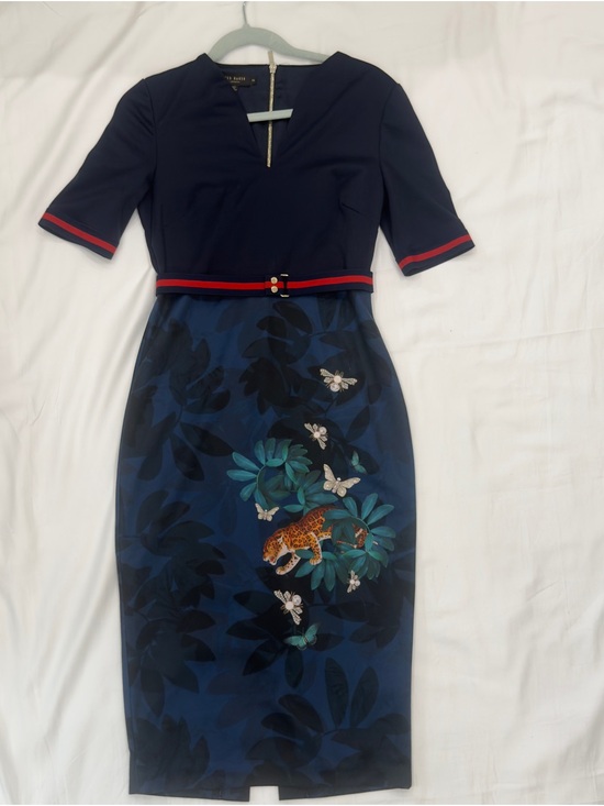 Ted Baker Dresses & Skirts - Ted Baker Navy Midi Dress with Red Trim and Botanical Leopard Print